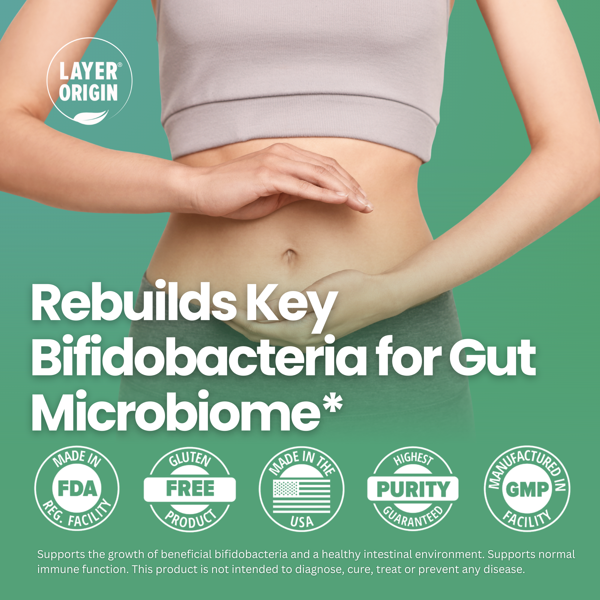 Person holding their stomach with text about rebuilding key bifidobacteria for gut microbiome on a green background.