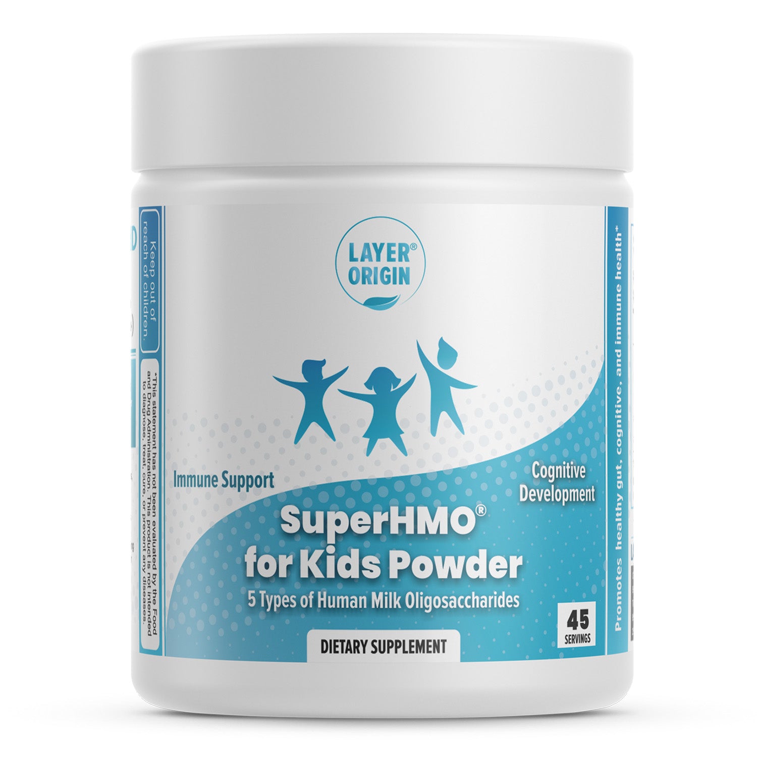 SuperHMO Prebiotic for Kids with 5 HMOs 2'-Fucosyllactose (2'-FL), Lacto-N-tetraose (LNT), Lacto-N-neotetraose (LNnT), 6'-Sialyllactose (6'SL), and 3'-Sialyllactose (3'SL) Front Panel