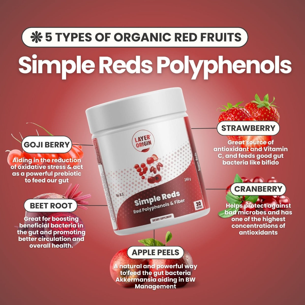 Simple Reds - Organic Red Polyphenols Fruit Powder Major Ingredients Whole Fruits  - Layer Origin Nutrition