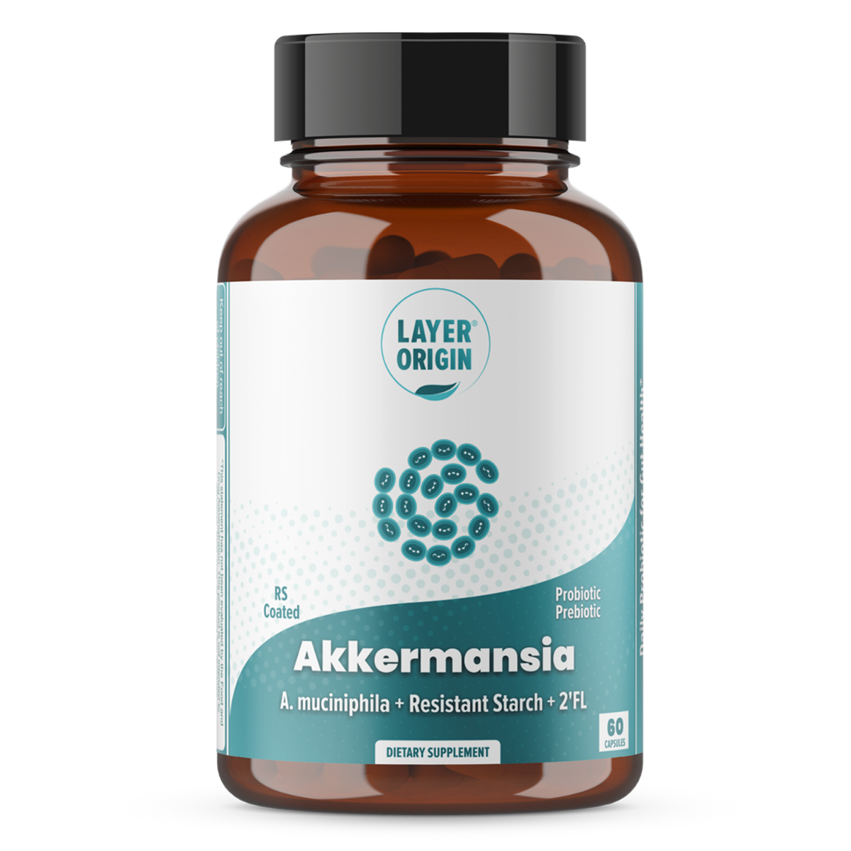 Akkermansia Muciniphila, Daily Probiotic, 100 million AFU, HMO prebiotic, Resistant starch Front Panel Label