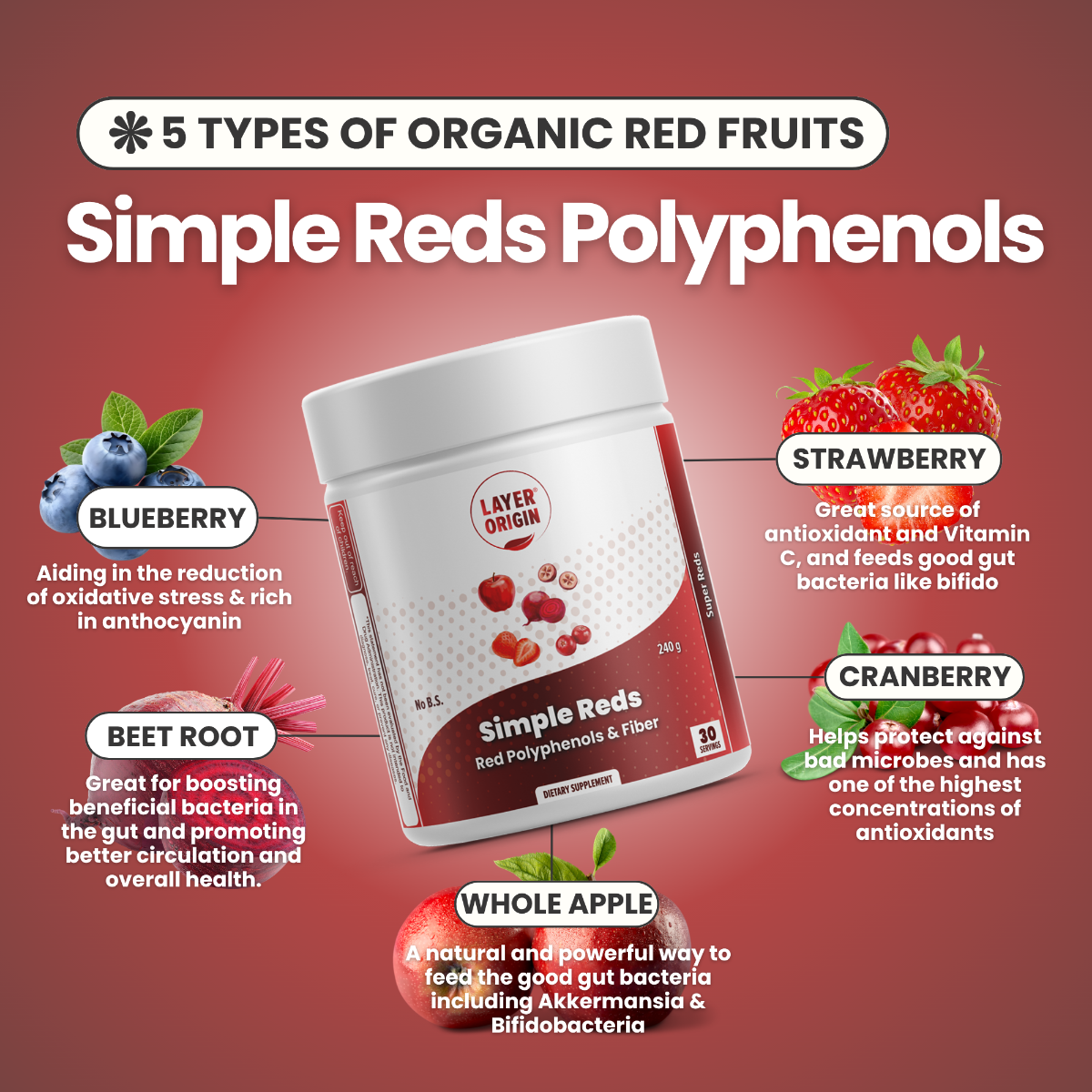 Simple Reds - Organic Red Polyphenols Fruit Powder Ingredients  - Layer Origin Nutrition