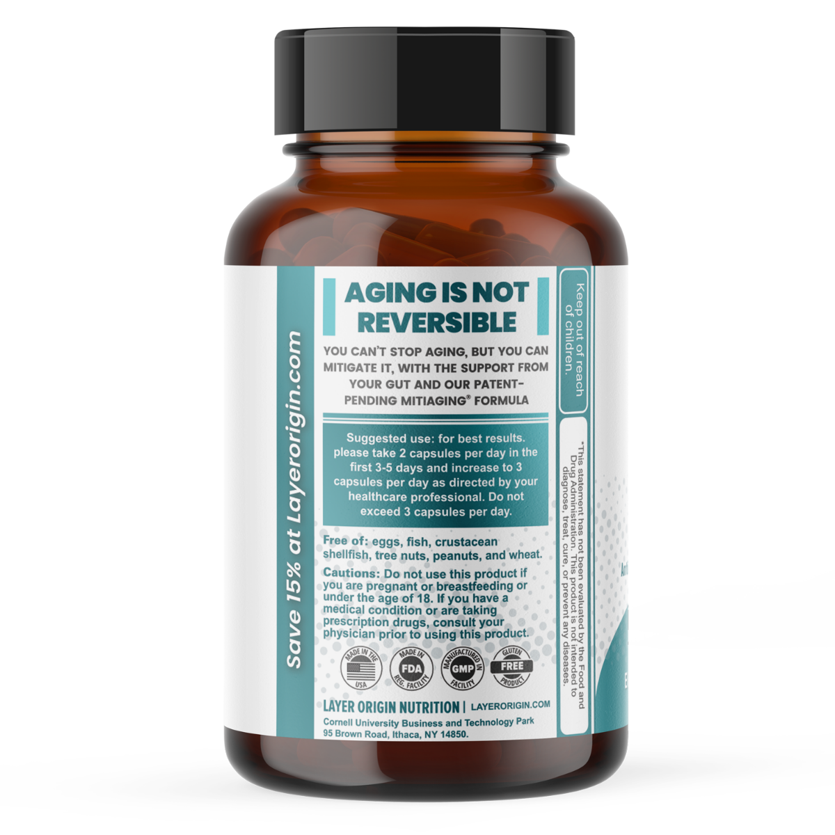 MitiAging Anti-Aging Support with Urolithin A Precursor, Gut Microbiome Support, and HMO prebiotics by Layer Origin Left Panel