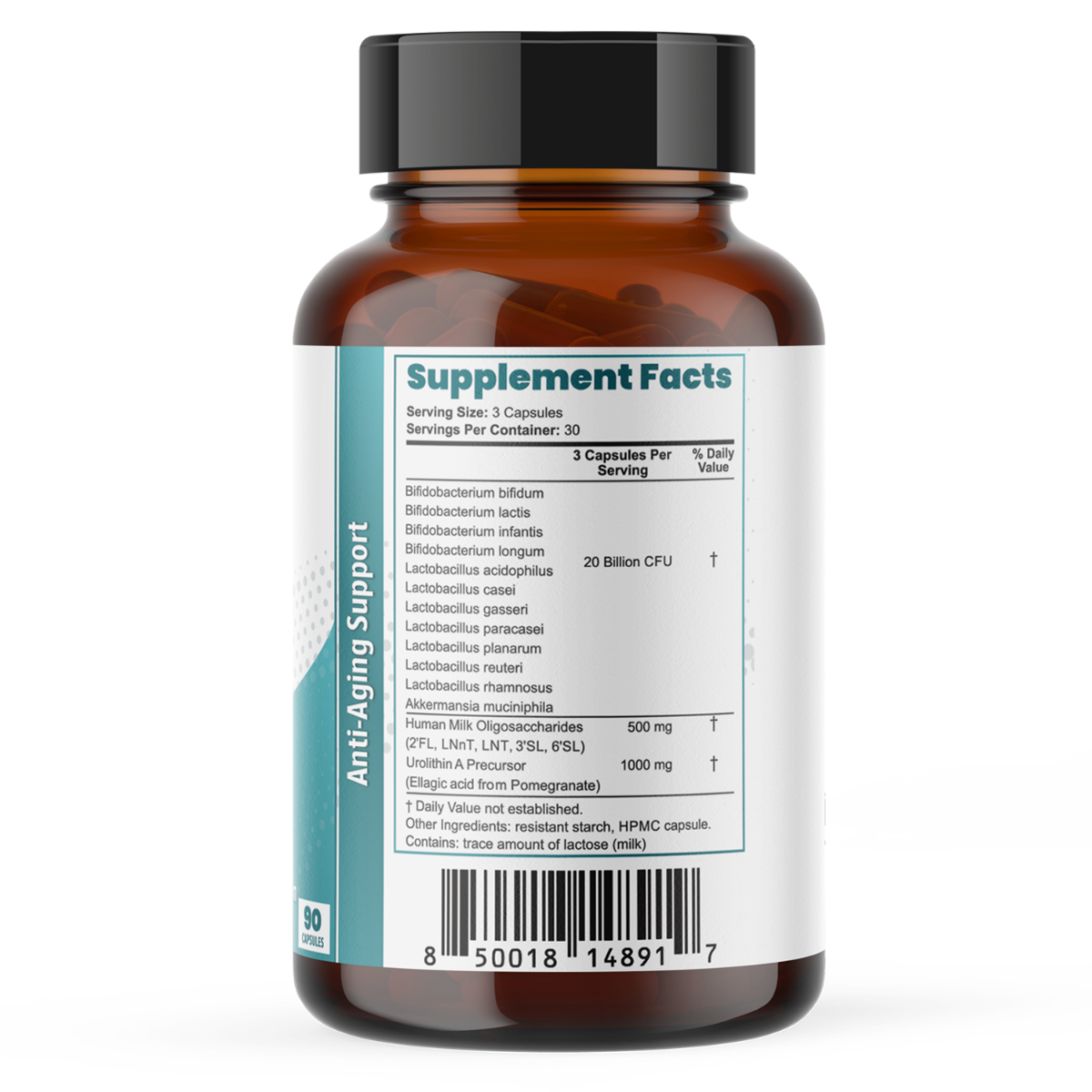 MitiAging Anti-Aging Support with Urolithin A Precursor, Gut Microbiome Support, and HMO prebiotics by Layer Origin Supplement Facts Panel