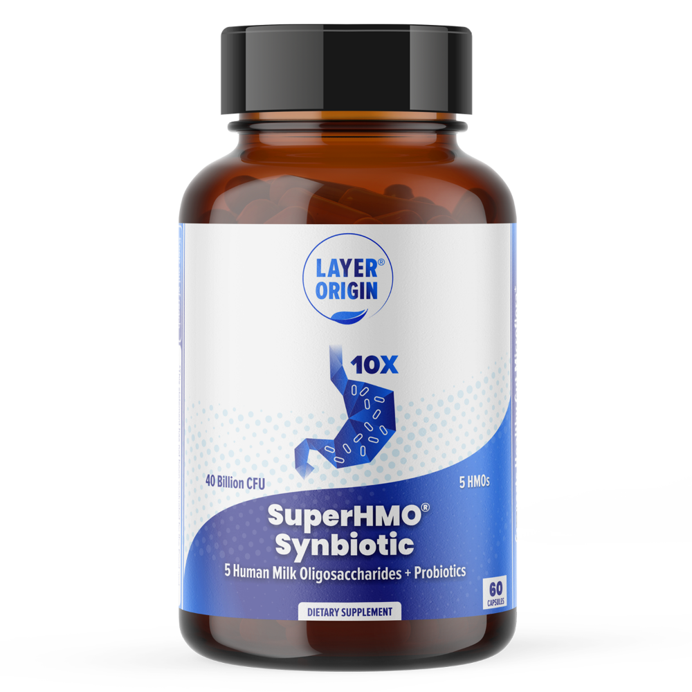 SuperHMO® Synbiotic Capsules: 5 HMOs Prebiotic +10 Probiotics Gut Microbiome Gut Health Boost Main Panel -Layer Origin