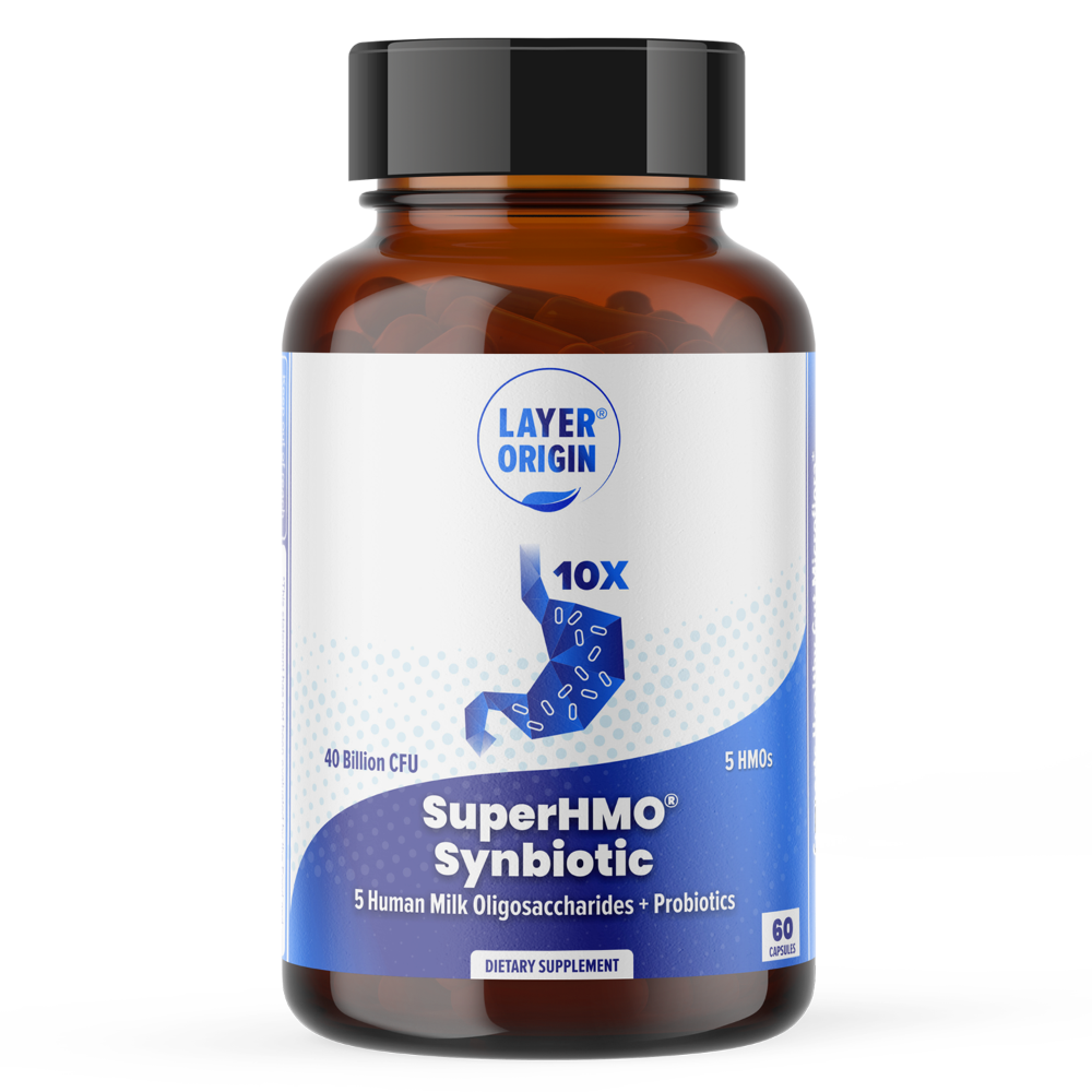 SuperHMO® Synbiotic Capsules: 5 HMOs Prebiotic +10 Probiotics Gut Microbiome Gut Health Boost Layer Origin