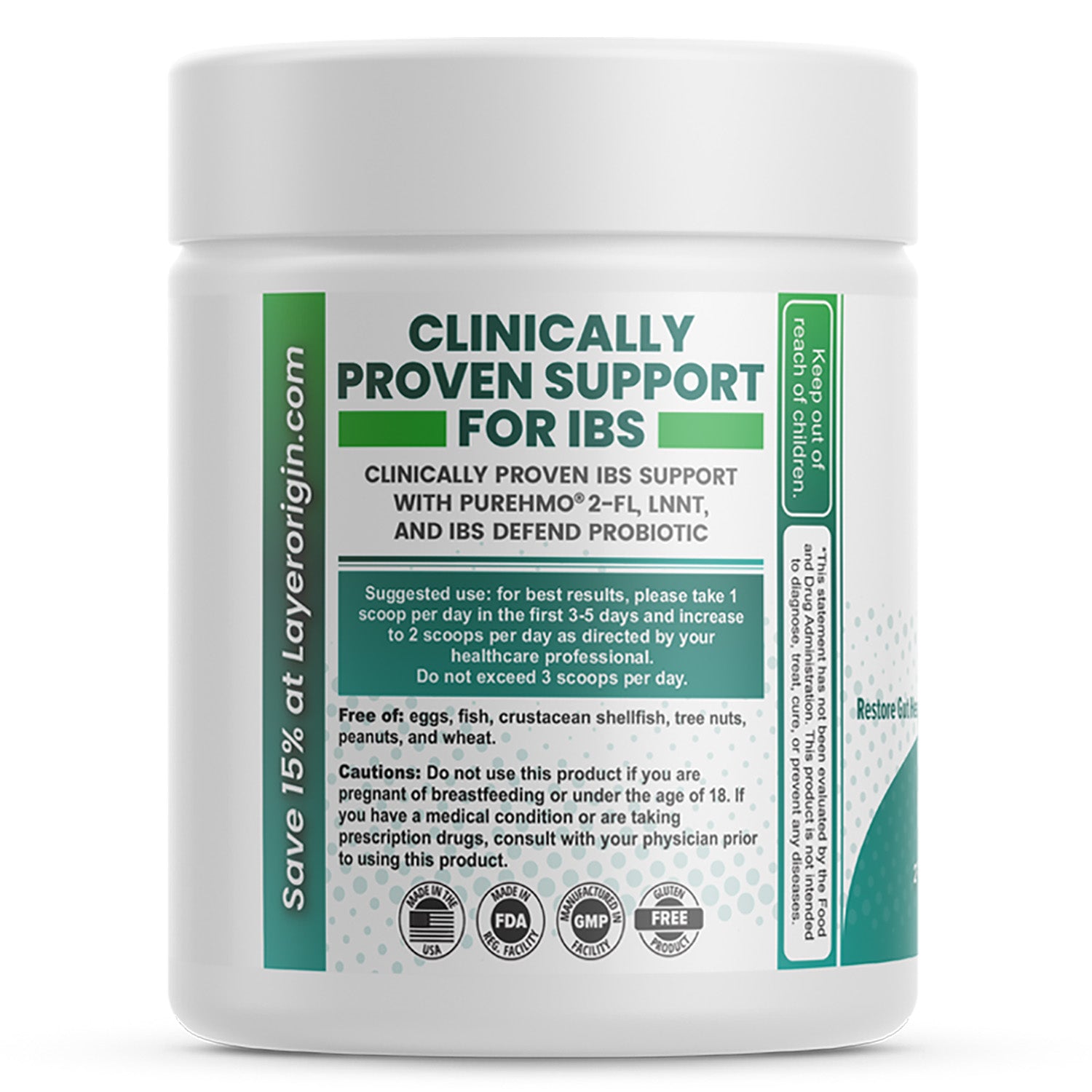 PureHMO® IBS Support with DDS-01 Probiotic - Powder - Layer Origin Nutrition Left Panel