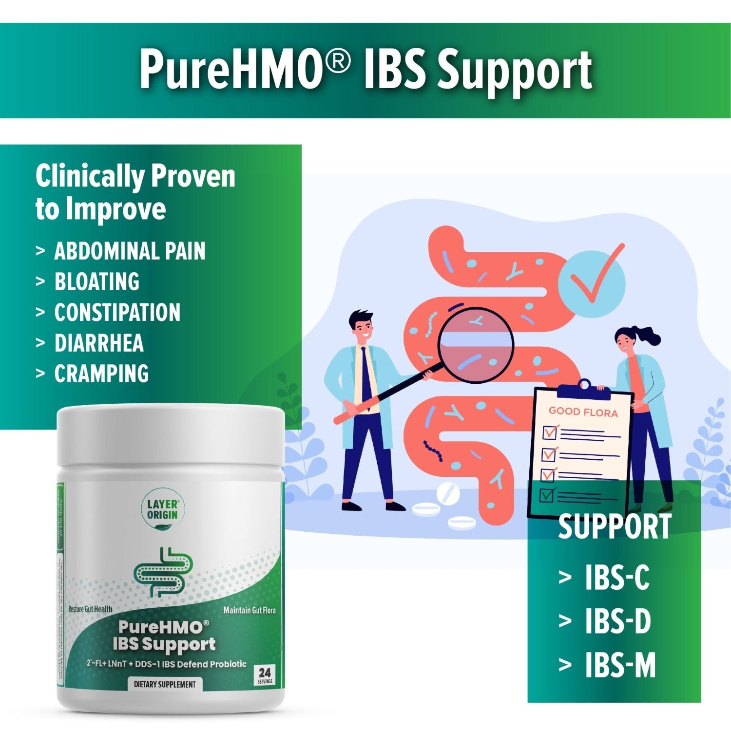 PureHMO® IBS Support Powder with DDS-01 Probiotic - Layer Origin Nutrition Support IBS C D M